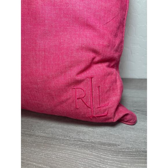 Lauren by Ralph Lauren 22" Down Filled Red Pink Cotton Denim Monogrammed Pillow - Picture 1 of 3